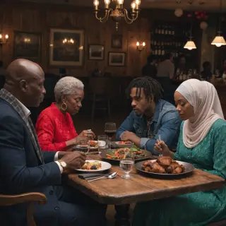 Four people at a dinner table: a bald man in a suit, a woman