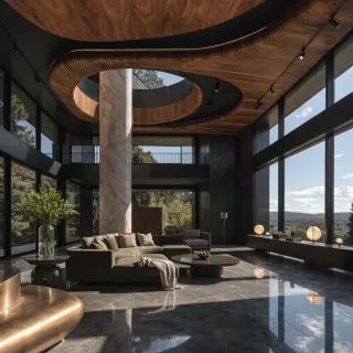 A wide-angle shot of a modern living room interior showing e