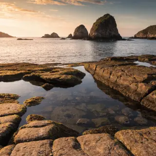 A landscape photograph bathed in golden hour light — long wa