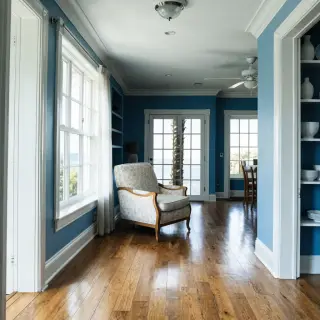 A room with walls in #4A90D9 (medium blue) with warm wooden 