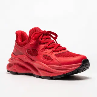 A single red sneaker on a clean white background with soft s
