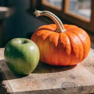 A green apple and an orange pumpkin on a wooden cutting boar