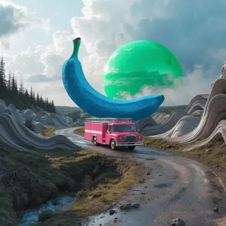 A pink fire truck, a blue banana, and a green sun in a surre