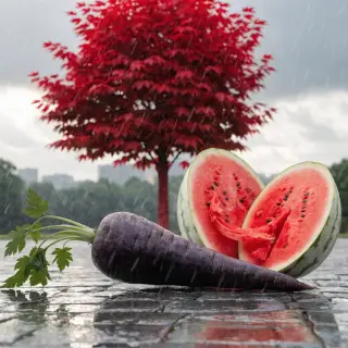 A purple carrot, a red tree with red leaves, and a white wat