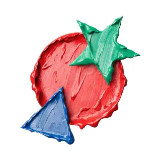 A large red circle, a small blue triangle, and a medium gree
