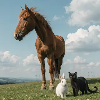 A big brown horse, a small white rabbit, and a medium-sized 