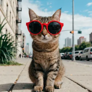 A tabby cat wearing oversized red sunglasses