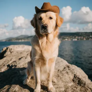 A golden retriever wearing a tiny cowboy hat