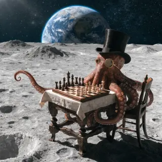 An octopus wearing a top hat and monocle playing chess on th