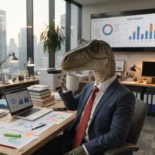 A dinosaur in a business suit giving a PowerPoint presentati