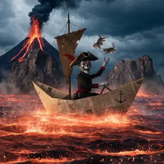A robot dressed as a pirate sailing a paper boat on a lake o