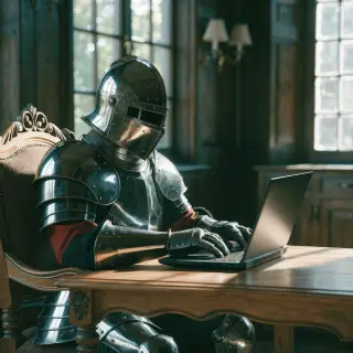 A medieval knight in full armor sitting at a desk typing on 
