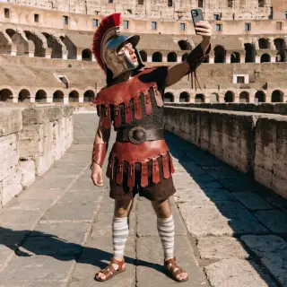 A Roman gladiator taking a selfie with a smartphone in the C
