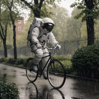 An astronaut in a spacesuit riding a bicycle through a park