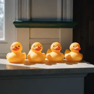 Exactly 5 yellow rubber ducks sitting in a row on a bathroom
