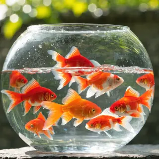 Exactly 9 goldfish swimming in a large round fishbowl