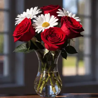 4 red roses and 2 white daisies in a glass vase on a table