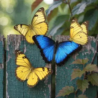 1 blue butterfly and 3 yellow butterflies resting on a garde