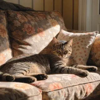 A cat lying on a couch without a collar