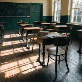 A classroom with desks and a chalkboard but no students