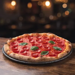 A pepperoni pizza with tomato sauce, basil, and crust but ab