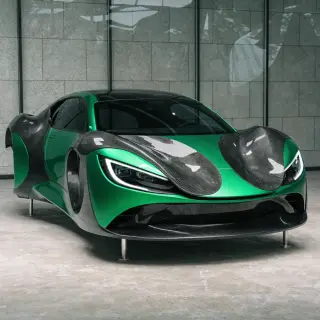 A car body with windows, doors, and headlights but no wheels