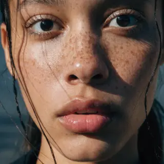A human face with eyes, nose, and mouth but no eyebrows