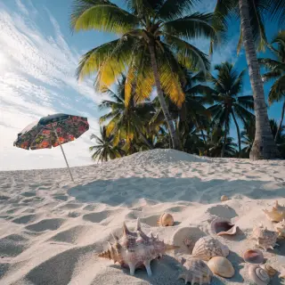 A sandy beach with palm trees, seashells, and a beach umbrel