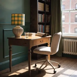 An office workspace with a desk, chair, bookshelf, and lamp 