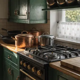 A kitchen with pots, pans, a stove, and a cutting board but 