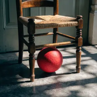 A red ball underneath a wooden chair