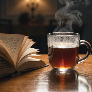A coffee mug next to an open book on a desk