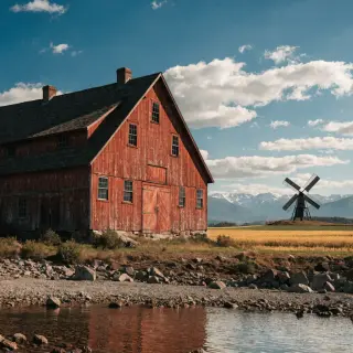 A landscape with a red barn in the foreground at large scale