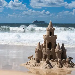 A beach scene with a sandcastle in the foreground, a surfer 