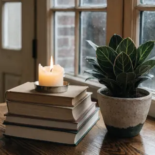 A candle on top of a stack of books, the books next to a pot