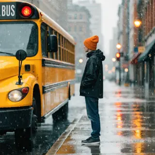 A person standing next to a yellow school bus, showing reali