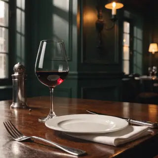 A dinner table scene with a plate, fork, knife, wine glass, 