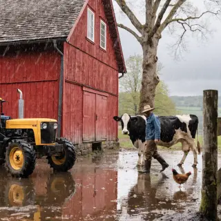 A farm scene with a barn, tractor, farmer, cow, chicken, and