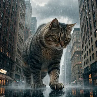 A giant tabby cat walking between city skyscrapers like a ka