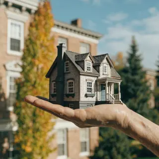 A miniature house sitting on the palm of someone's hand