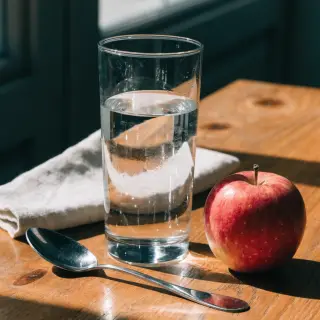 A still life on a wooden table featuring a clear glass of wa