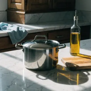 A kitchen counter with a stainless steel pot, a wooden cutti