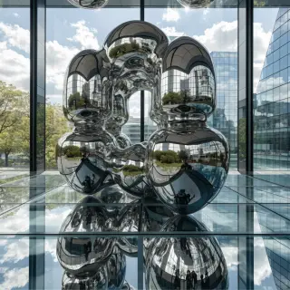A chrome sculpture in a room with a glass floor and large wi