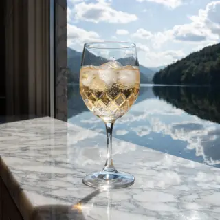 A crystal wine glass on a polished marble counter next to a 