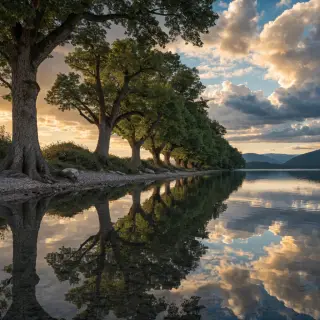 A row of trees reflected in a calm lake at sunset, with the 