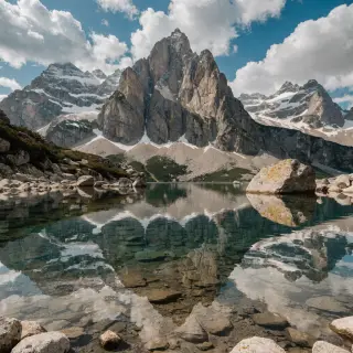 A mountain range reflected in a still alpine lake, with the 