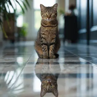 A cat sitting on a polished marble floor with its reflection