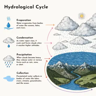 A detailed diagram of the water cycle showing evaporation fr