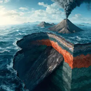 A cross-section showing tectonic plates at a convergent boun