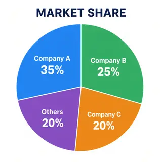 A pie chart showing market share: Company A 35%, Company B 2